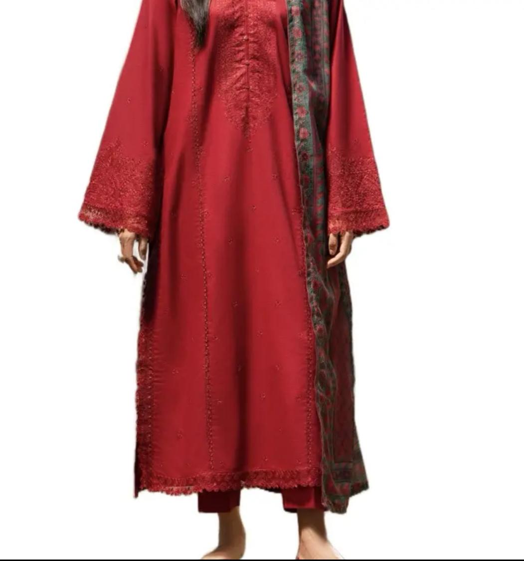 Rua Red Linen 3 pc Suit Full Embroidered Winter suit