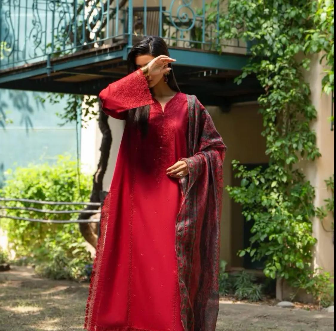 Rua Red Linen 3 pc Suit Full Embroidered Winter suit