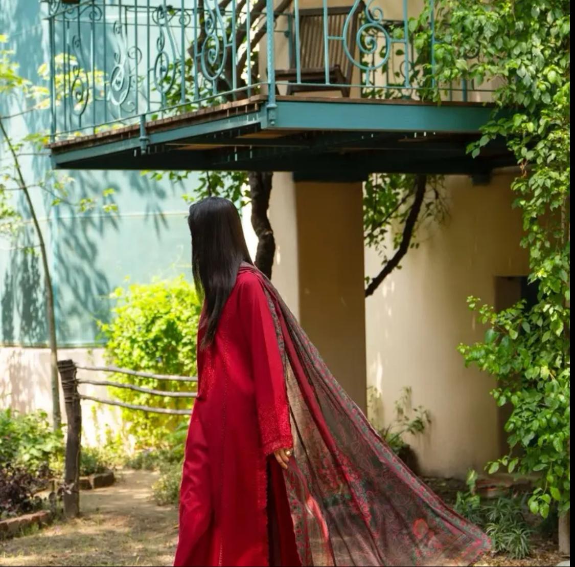 Rua Red Linen 3 pc Suit Full Embroidered Winter suit