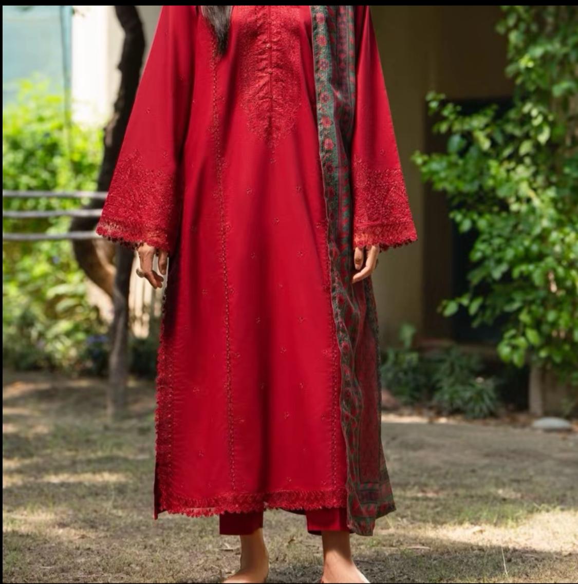 Rua Red Linen 3 pc Suit Full Embroidered Winter suit