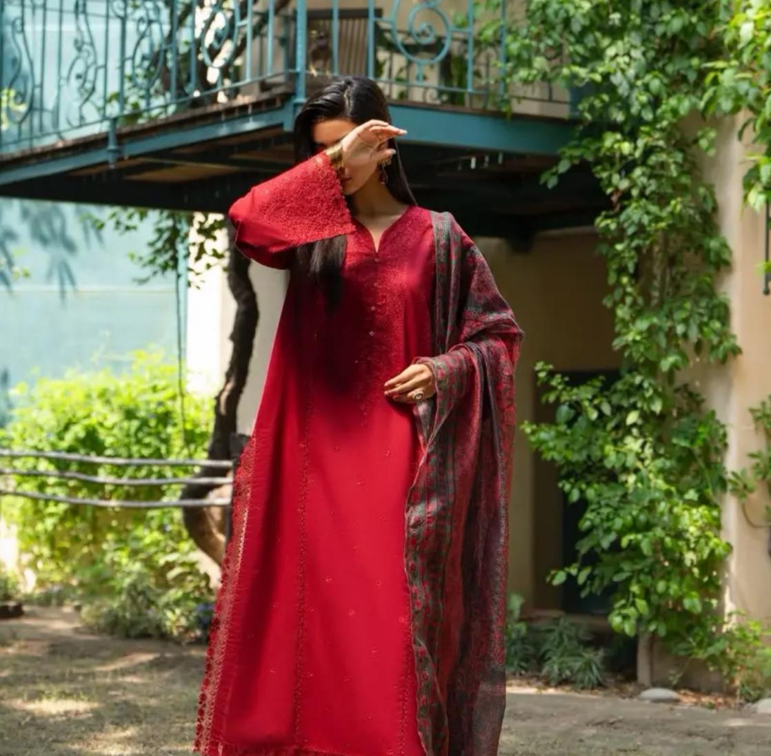 Rua Red Linen 3 pc Suit Full Embroidered Winter suit
