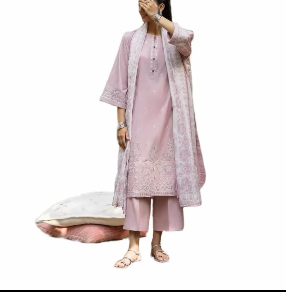 Pink Linen 3 pc Suit Full Embroidered winter suit