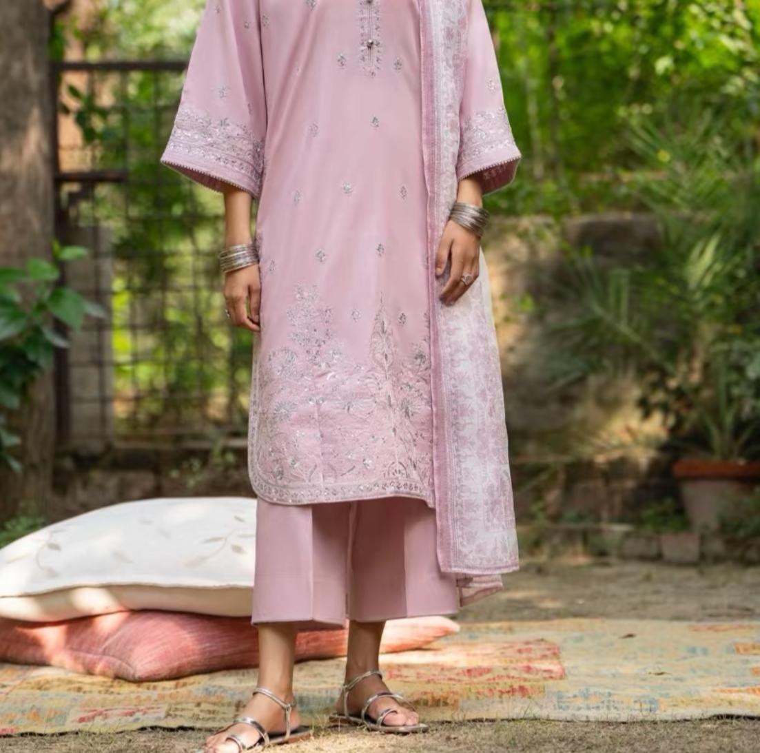 Pink Linen 3 pc Suit Full Embroidered winter suit