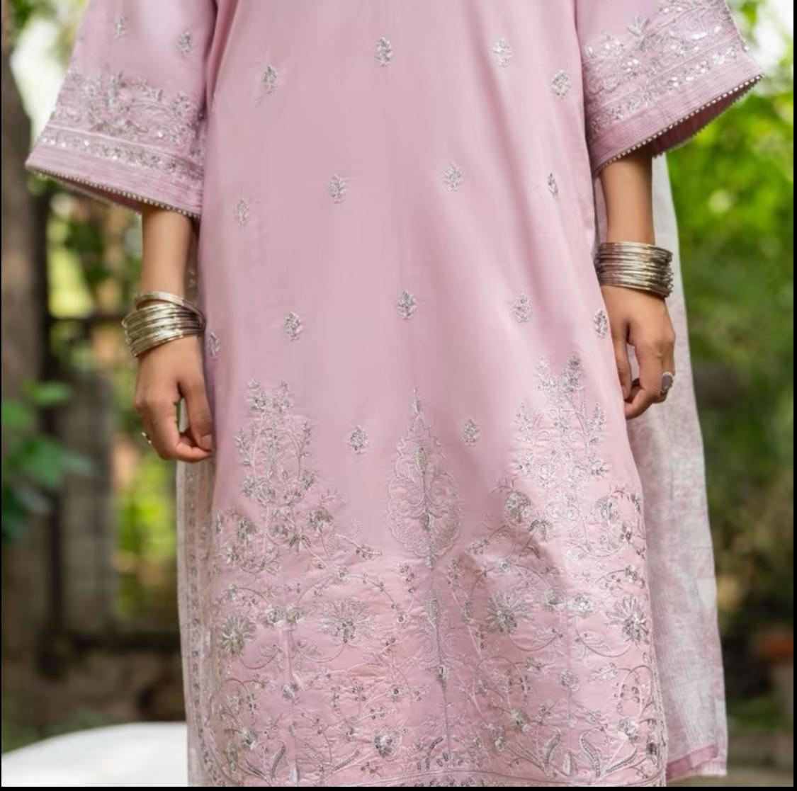 Pink Linen 3 pc Suit Full Embroidered winter suit