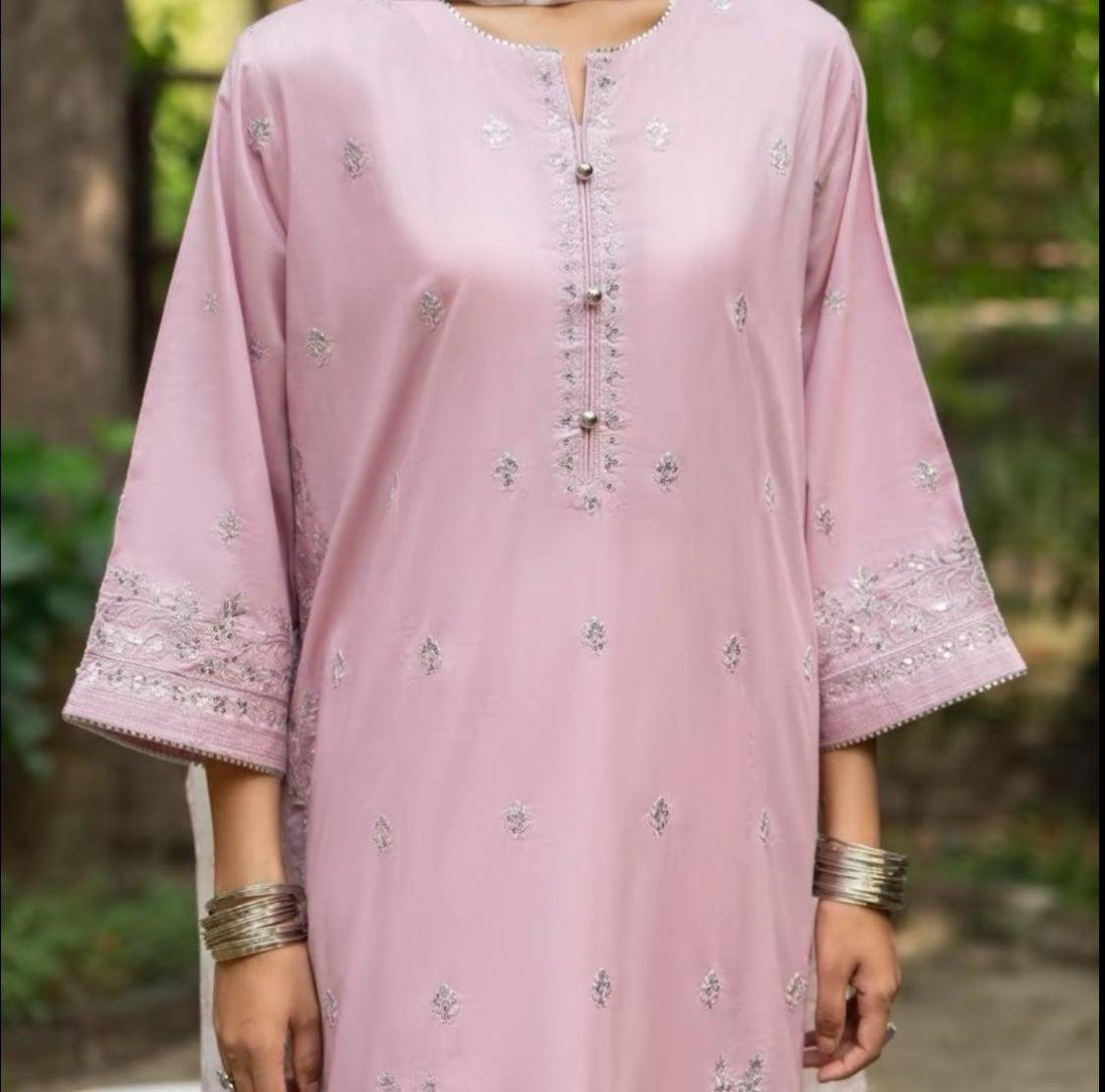 Rua Blush Pink Linen 3 pc Suit Full Embroidered winter suit