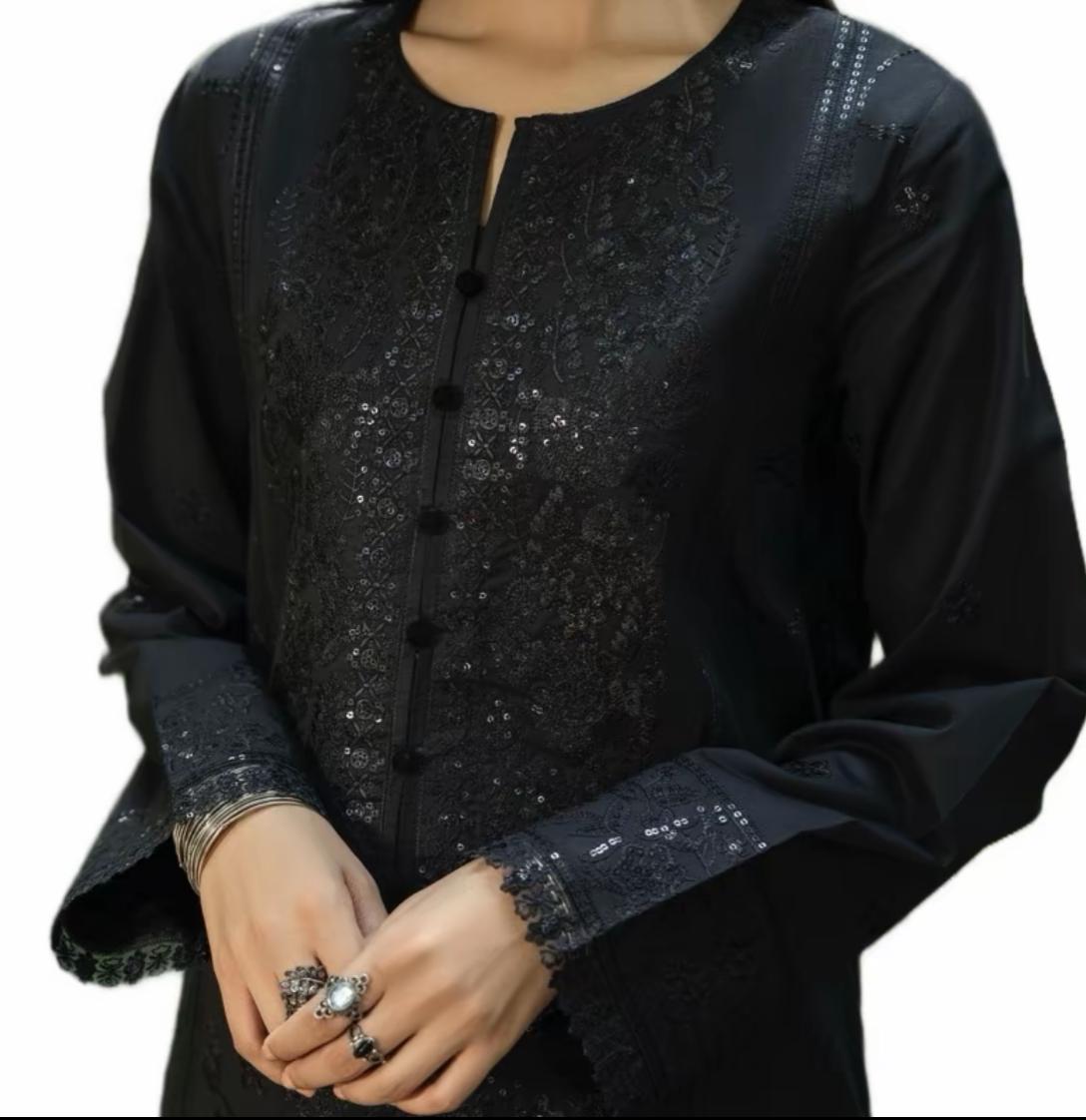 Rua Black Linen 3 pc Suit full Embroidered winter suit